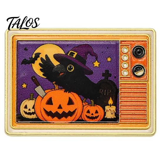 Holiday Costume Accessory Retro TV Brooch for Halloween, Pumpkin Ghost Black Cat Crow Halloween Party Badge, Lapel Pin Sweaters Jackets Scarves