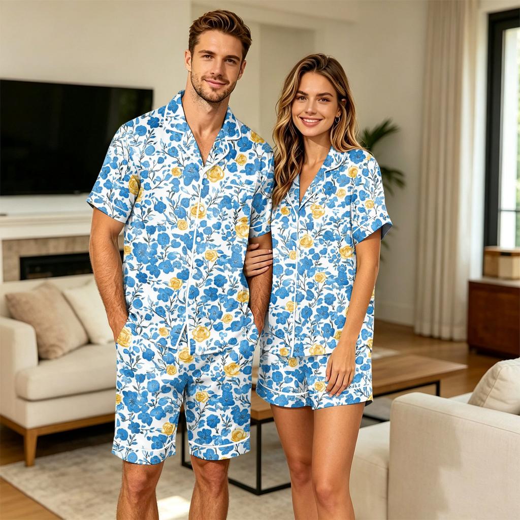 Herenbloemenprint Korte Mouw Pyjamaset met Borstzak voor Casual Slaapkleding en
