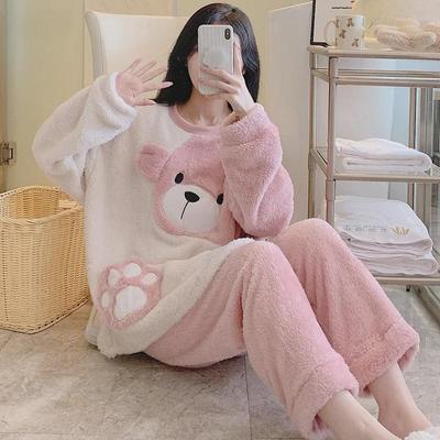 Pigiama di Peluche Orsetto Dolce da Donna - Stile Invernale, Maniche Lunghe e Pantaloni, Taglia Plus 200 lbs