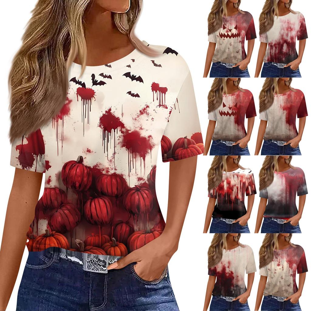 Modisches Lässiges Damen-Pullover-Oberteil mit Kurzarm und Halloween-Print, Rundhals