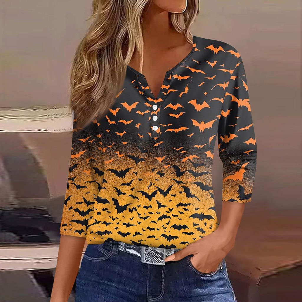 Women's Fashion Casual T-Shirt V-Neck Seven Sleeve  Printed Button Top