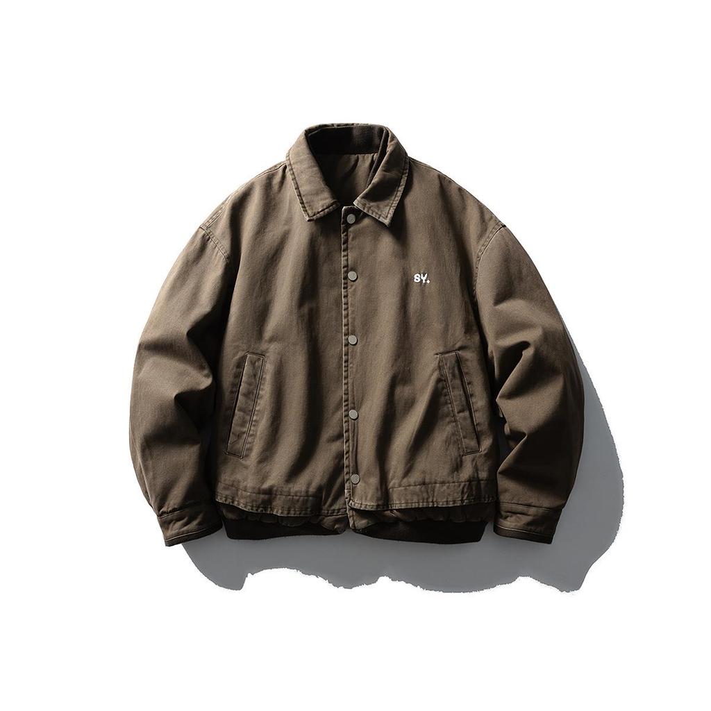 QIYOU 2025 Winter Retro Distressed Washed Two-Piece Cotton Workwear Jacket with Embroidered Lapel