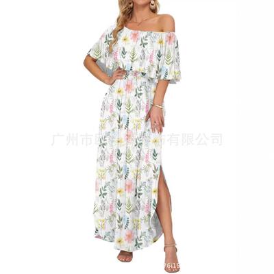 Summer New Printed One-word Shoulder Short-sleeved Long Dress
