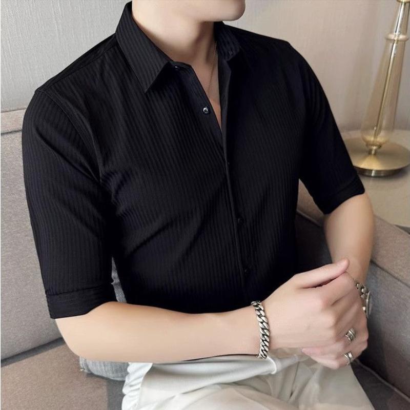 Men's Shirt Three-quarter Sleeve Korean Thin Business Hairstylist Casual Formal Wear Striped Short-sleeved Slim Half-sleeved