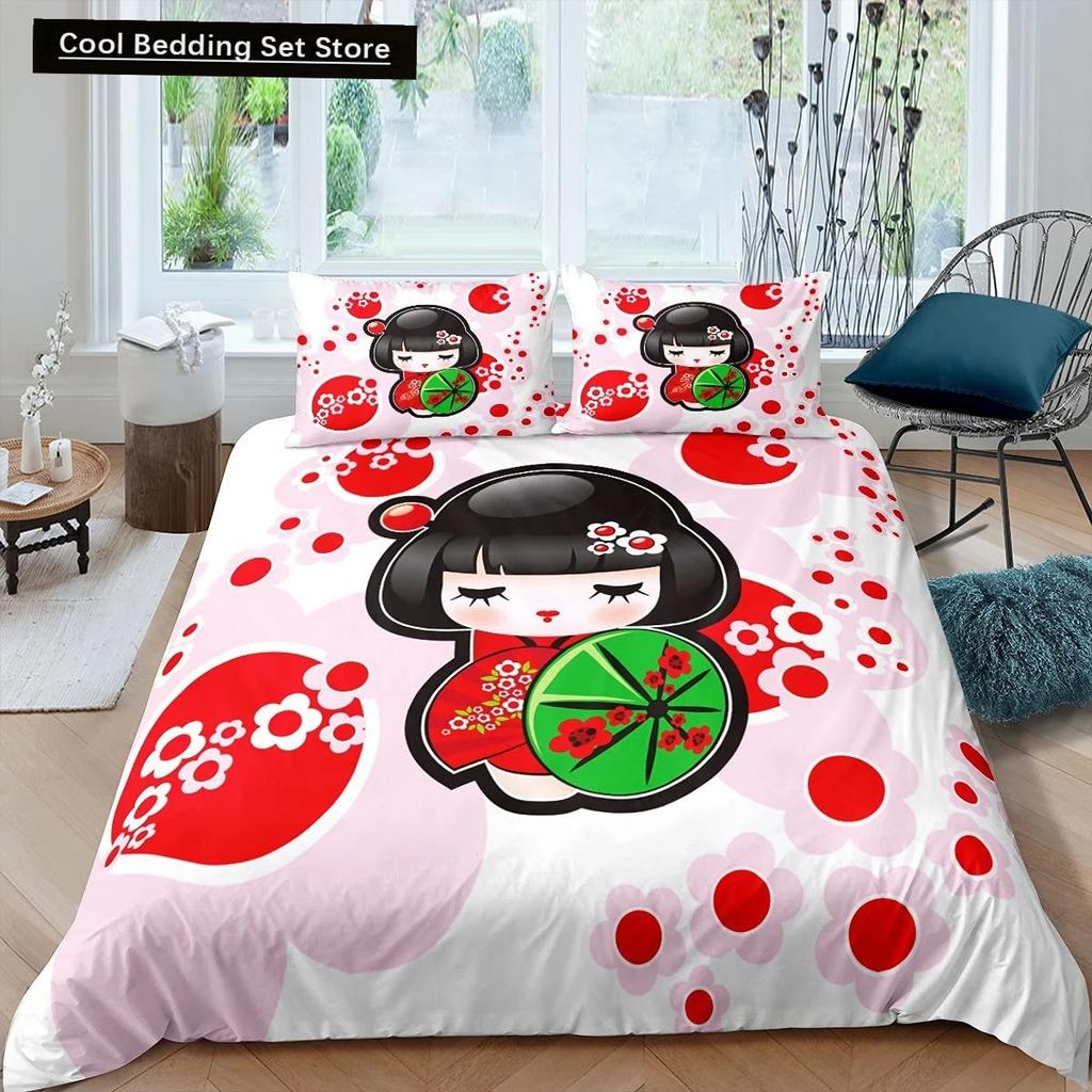 Japanese Style King Queen Duvet Cover Koi Fish Cherry Bedding Set Ukiyo-E Geisha Quilt Cover Sun Crane Polyester Comforter Cover