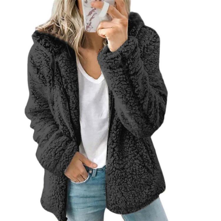 Warm Winter Hooded Fleece Coat Women Plush Fluffy Cardigan Fur Wool Jacket Long Sleeve Warmer