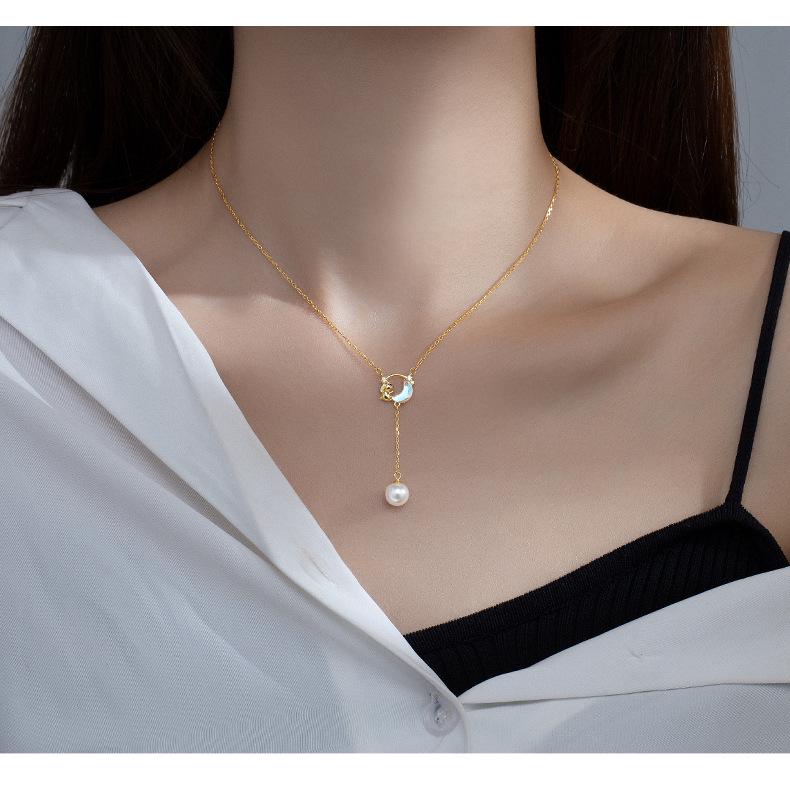 Banyan Tree S925 Sterling Silver Luxury Star & Moon Pearl Tassel Necklace - Elegant Clavicle Accessory for Women
