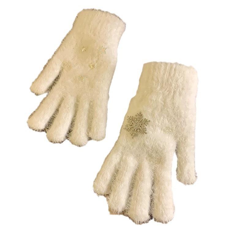 White Snowflake Knitted Wool Gloves for Women To Keep Warm In Winter, Thickened, Furry, Student Cycling, Cold and Windproof, Finger Separation