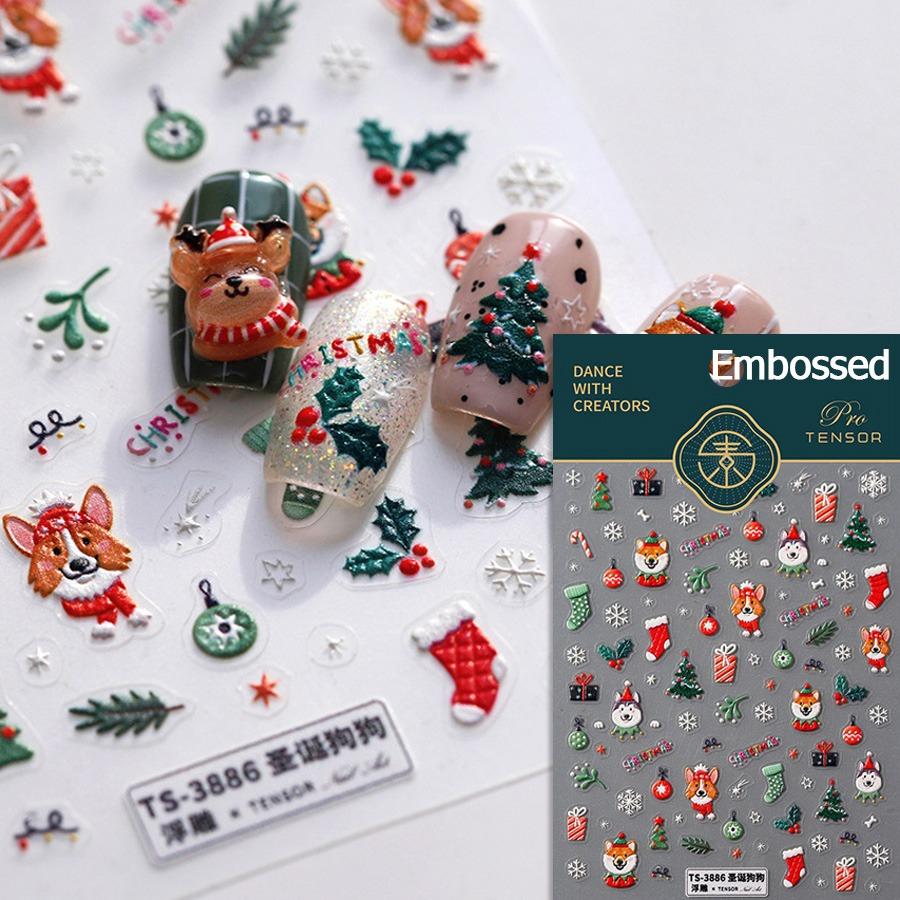 Gold Stamped Snowflake Stars White Christmas Tree Red Bowknot Cute 3D Nail Art Stickers Xmas Lovely Manicure Decals