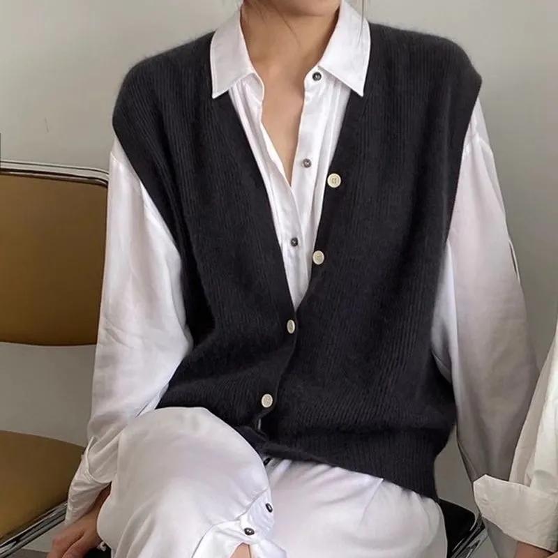 WTEMPO Solid Color Knitted Vests Office Ladies Elegant V-Neck Button Cardigans Coats Women's Spring Autumn Loose Sweater Vests