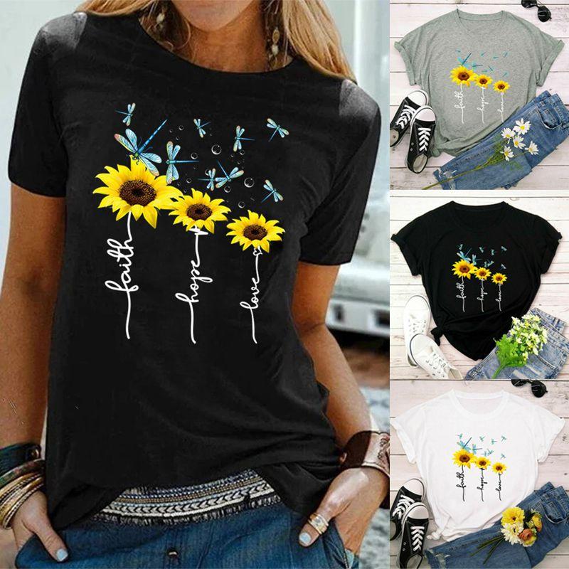 Stylish Women Floral Daisy Printed Basic T-shirt Versatile Short Sleeve Blouse For Casual Wear