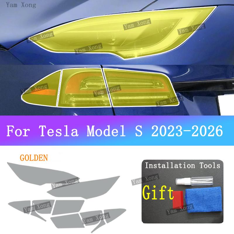 For Tesla Model S -2026 Car Front Taillight TPU Transparent Armored Protective Film Headlight Black Taill Golden Cover Films
