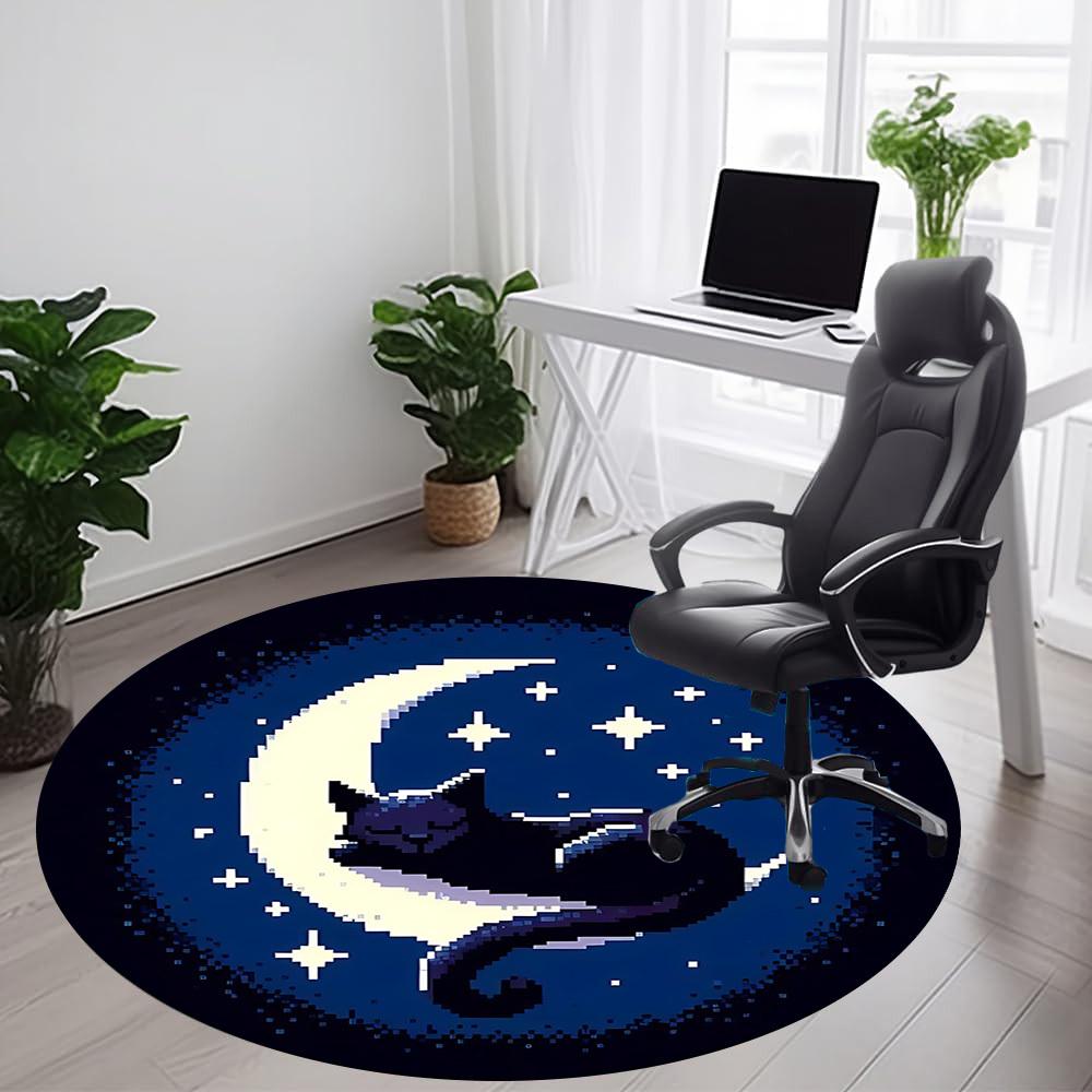 1PC Moon Cat Office Round Area Rug, Mat Suitable For Office, Under Office Chairs Bedroom Living Room Home Decor, Room Deco