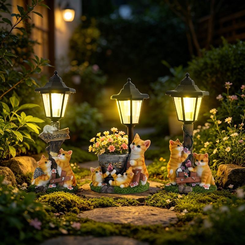 Creative Cat Resin Sculpture - Outdoor Garden Decor for Pathway - Solar Light for Landscape Design