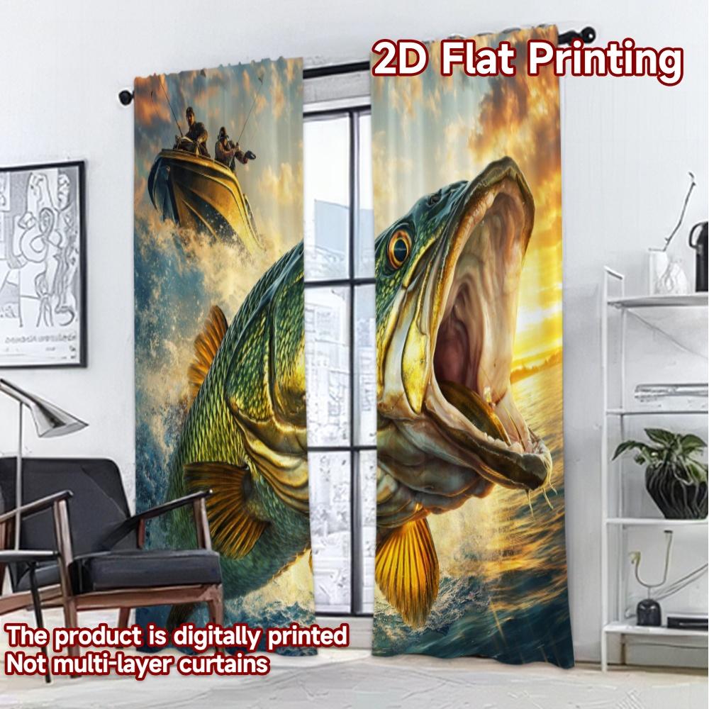 2D FLAT PRINTING 2pcs Curtains (Without Rod) Giant Fish Jumping Light Filtering Popular Curtains Yarn Curtains Room Decor