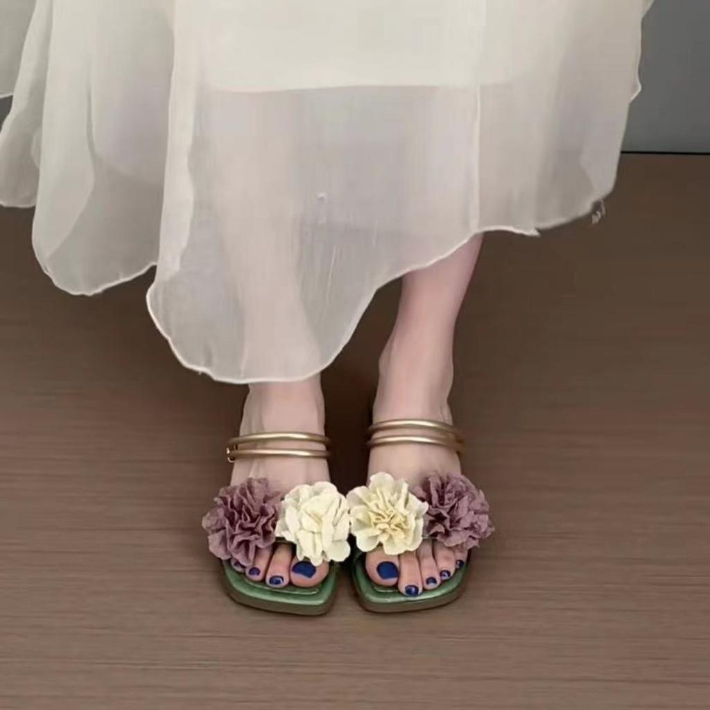2025 summer Korean version of the national style flower green slippers purchase fashion flat bottom with two sandals