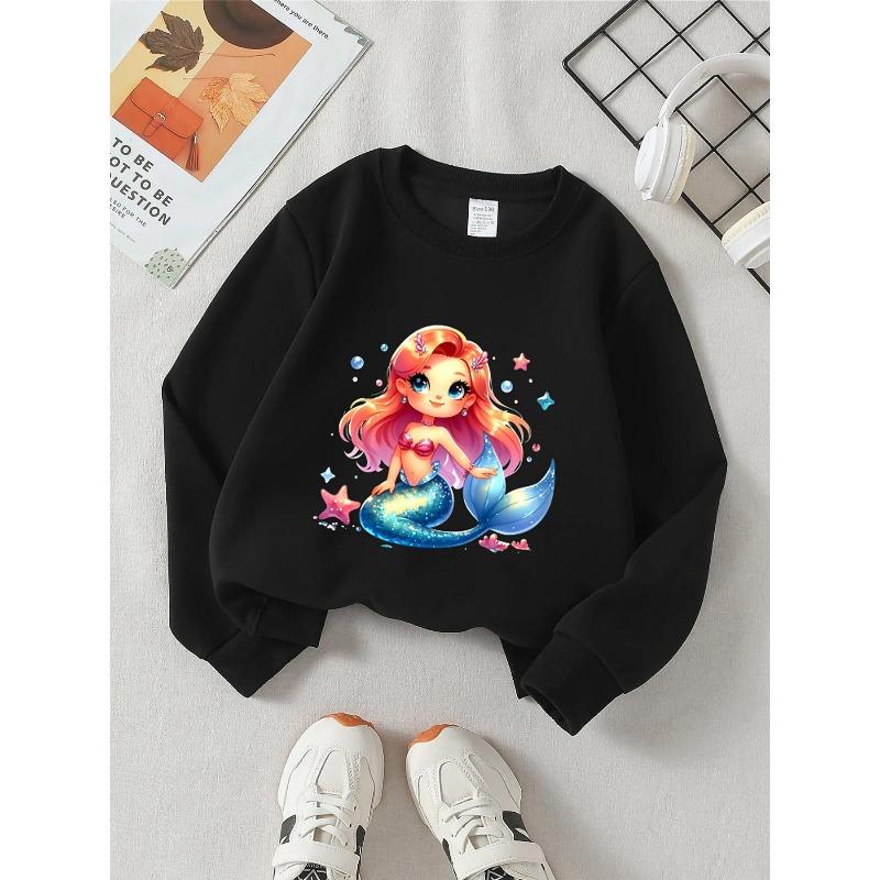 European sizes Girls' Crewneck Sweatshirt - Mermaid with Sparkling Tail & Stars, Soft Comfy Sportswear for Children & Teens