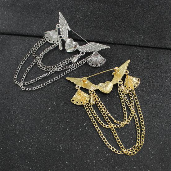 Retro Angel Wing Heart Shirt Suit Collar Tip Lapel Brooch Pin with Chain Tassel