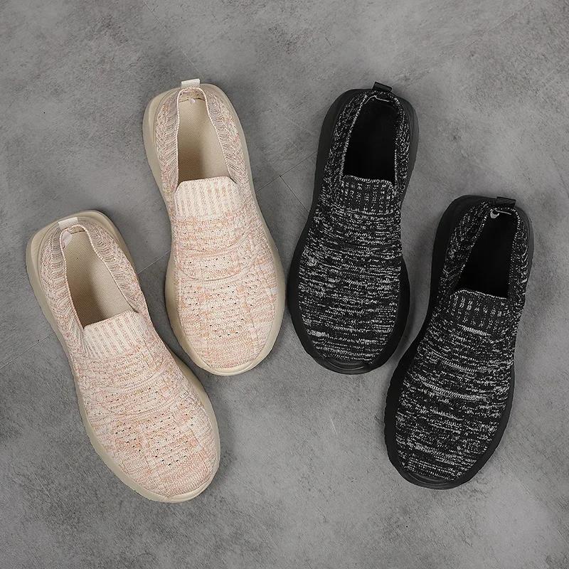 Beige 42 Sock Sneakers Women's Shoes Knitting Spring Summer Slip On Flat Shoes Women Plus Size Loafers Flats Shoes Walking Famal