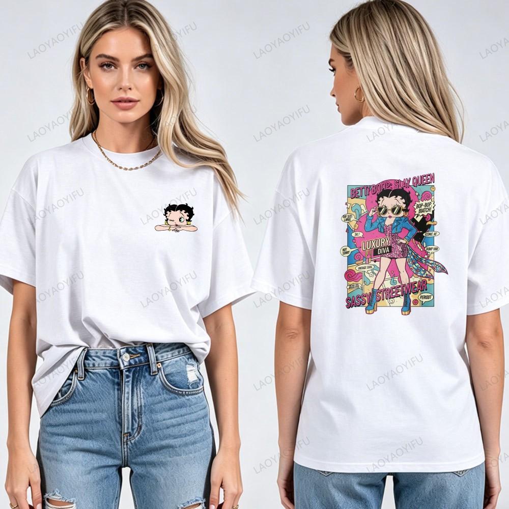Classic Old School Betty Boop Graphic Tee Adults Soft Cotton Short Sleeve Bohemian Fashion Retro Animation Casual Streetwear