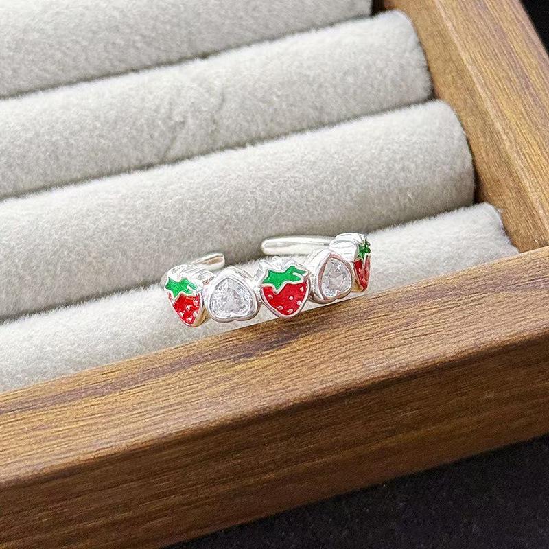 Fruit Series Grape Pineapple Cherry Strawberry Enamel Zir*****Pen Ring Niche High-End Feeling Stacked Ring Woman