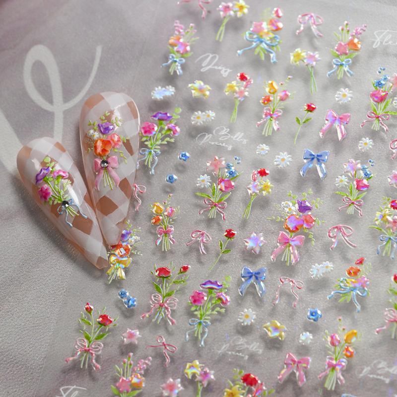 1 Sheet 3D Spring Flower Series Nail Stickers Colorful Rose Bouquet Nail Decal Self-Adhesive Daisy Ribbon Bow Manicure Sticker
