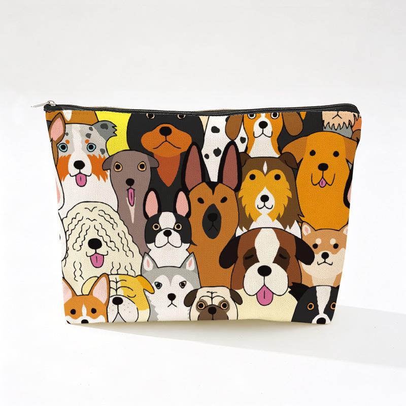 Cute Dog Print Linen Makeup Bag - Wear-Resistant & Portable Storage with Zipper