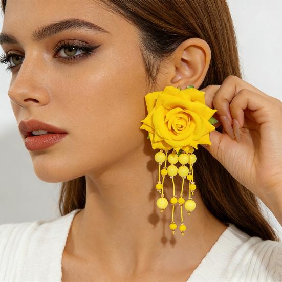 Women Boho Flower Earrings Lightweight Fabric Yellow Flower Ear Studs Holiday Earrings for Parties Beach Summer Vacation