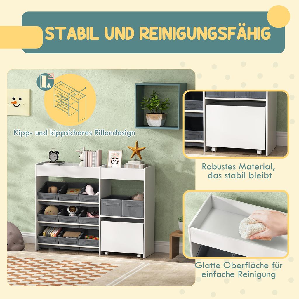 Kids' Storage Shelf, Toy Cabinet for Children with 11 Fabric Boxes, Upper Compartments, White