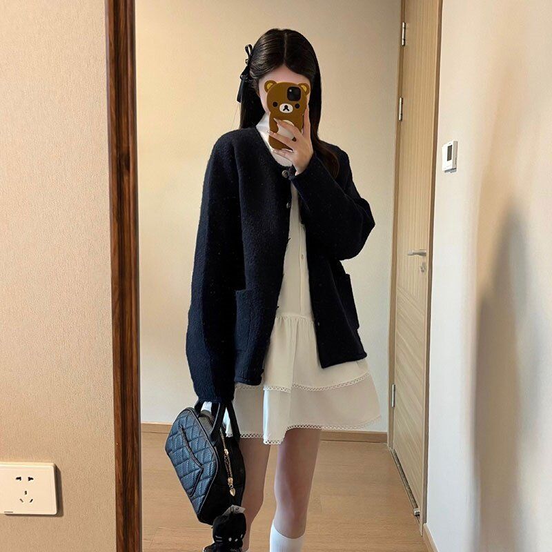 

Baeiiou Korean Style round Neck in Dark Blue Knitting Cardigan Women s 2025 New Style White Lace Shirt Dress Suit Navy Blue Cardigan S