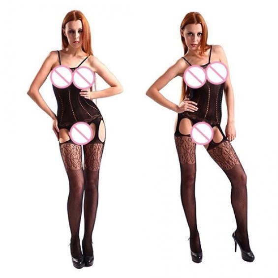 Dámská punčocha s rozkrokem s krajkou, černý sexy overal s květinami