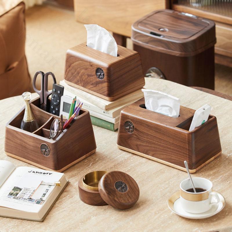 Taschentuchbox-Abdeckung aus schwarzem Walnussholz, kreative Wohnzimmer-Dekoration, Schreibtisch-Aufbewahrung, Papierhandtuchhalter, unterteilte Aufbewahrungsboxen, Tablett
