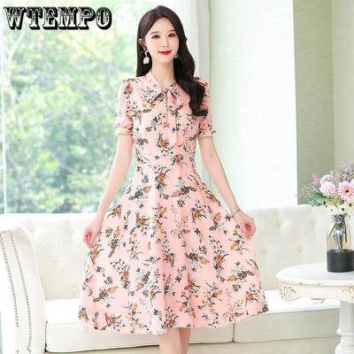 Robe florale en mousseline de soie pour femmes, mi-longue, au-dessus du genou, taille amincissante, jupe à manches courtes, imprimé rétro français, tissu en mousseline de soie