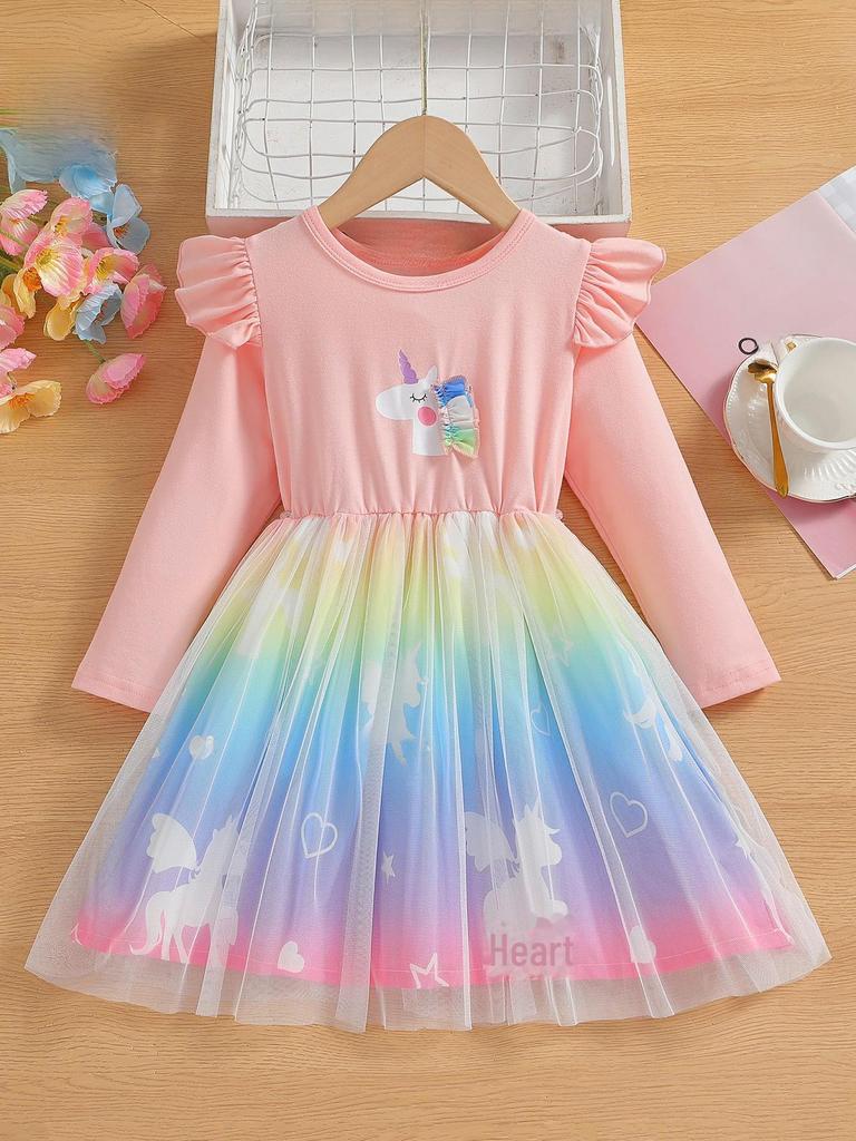 2025 Herbst Einhorn Prinzessin Mesh Kleid für Mädchen - Trendy Fairy Cartoon Design für kleine Kinder