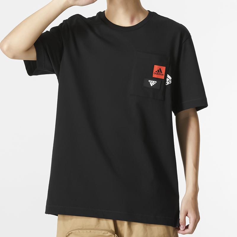 Adidas Solid Color Logo Pocket Casual Crew Neck Short Sleeve T-shirt Men Tops Black HM2958