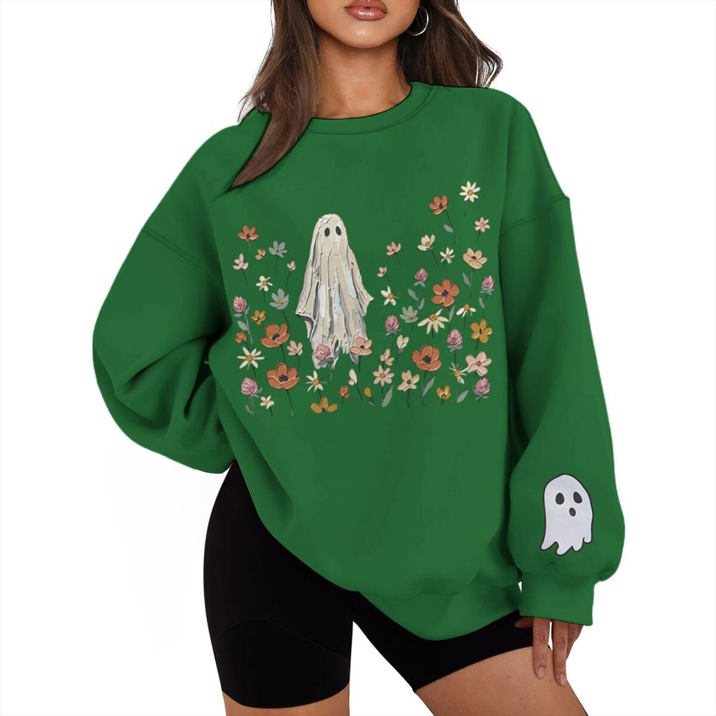 Vintage Halloween Floral Ghost Print Sweatshirt Women Men Crew Neck Long Sleeve Casual Pullover Halloween Sweatshirts Gifts