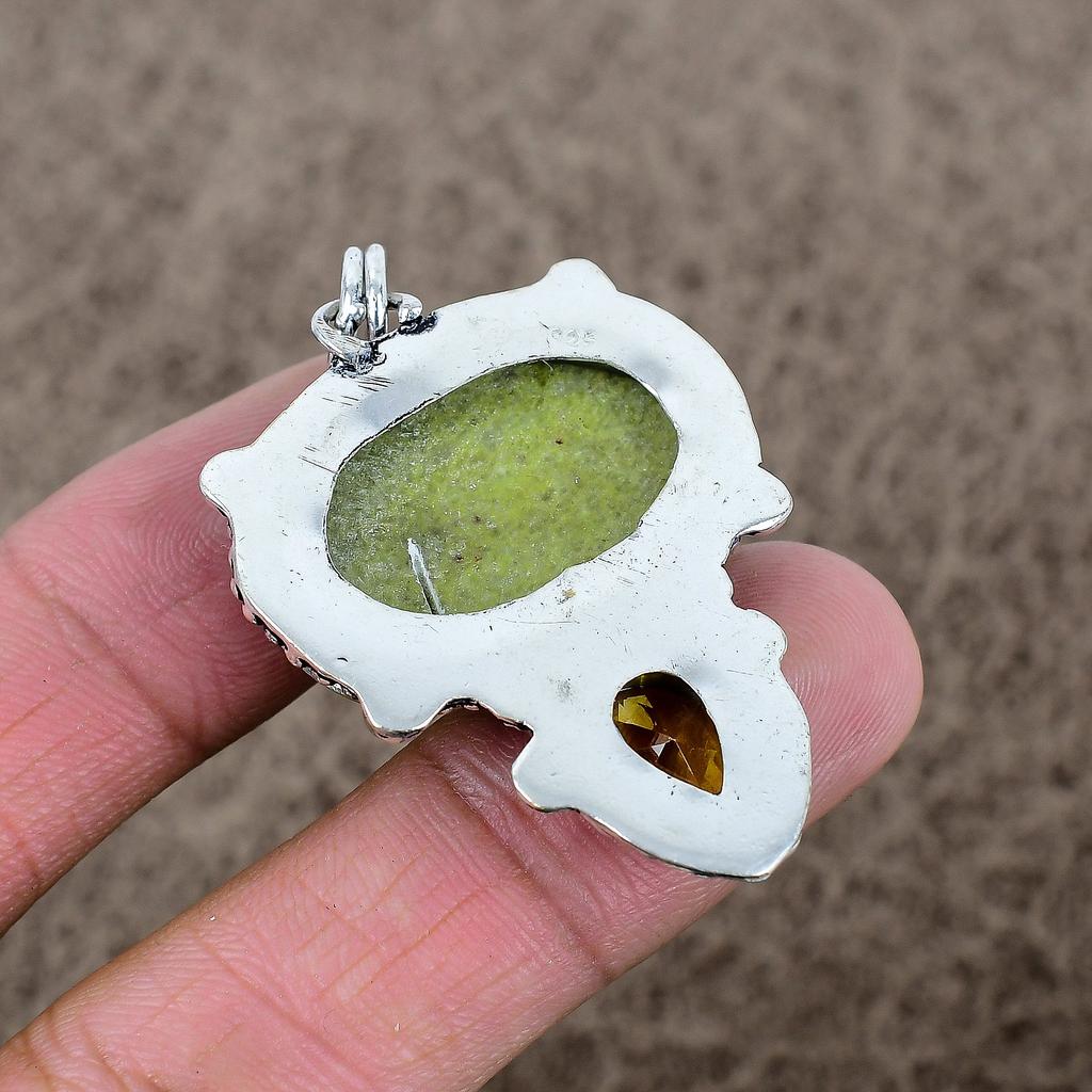 Green Opal, Citrine Gemstone 925 Sterling Silver Jewelry Pendant 2.05" KKG-350