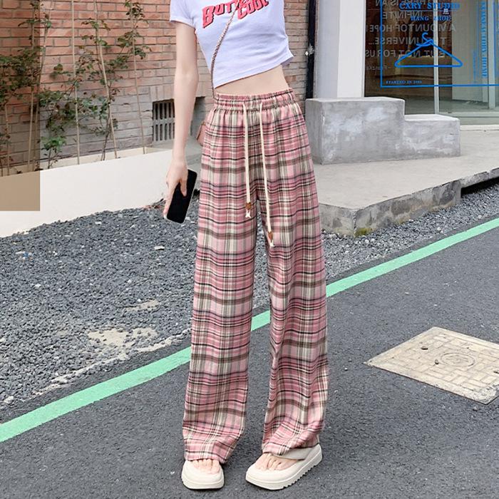 Women s Summer Retro Pink Plaid Drawstring Wide-Leg Pants Large