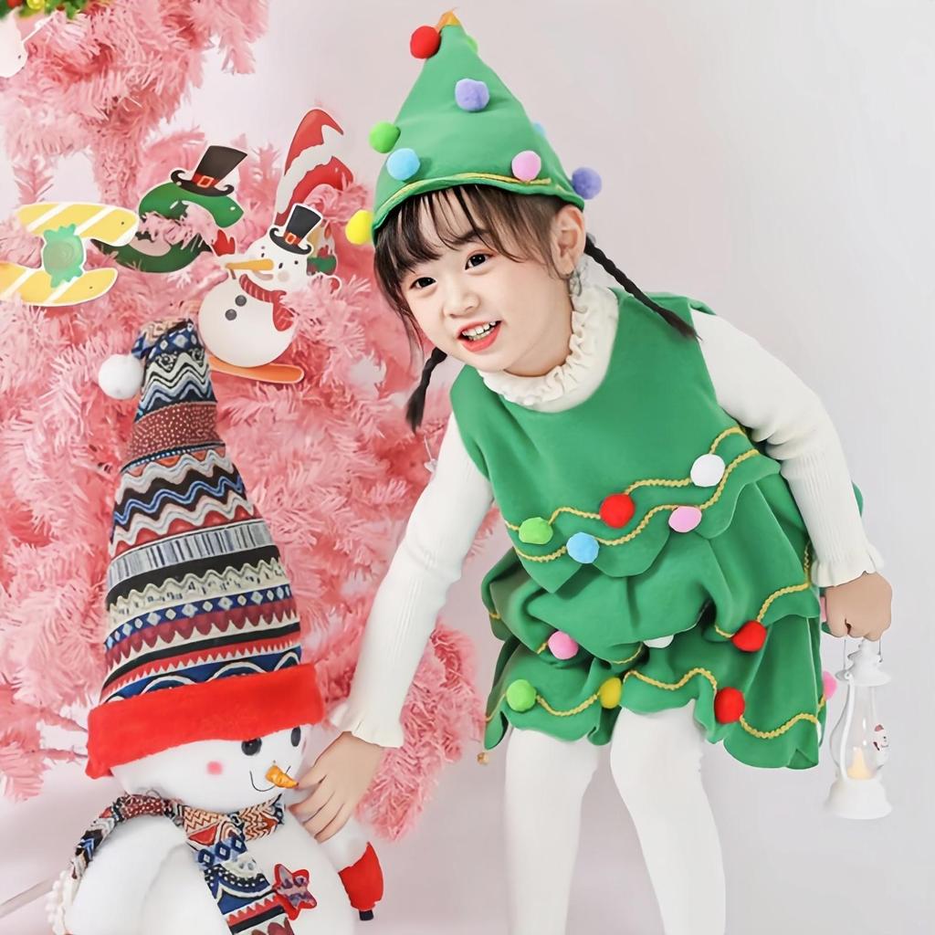 Kids Christmas Costumes 2Pcs Girls Sleeveless Dress + Hat Christmas Tree Shape Fur Ball Decoration Festival Cosplay Clothing