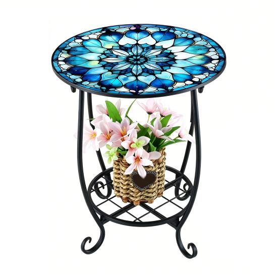 Huaqianguhh Outdoor Side Table, Round Small Mosaic Bird Butterfly Patio Accent, Indoor End Plant Coffee Tea Table for Yard Porch Garden Living