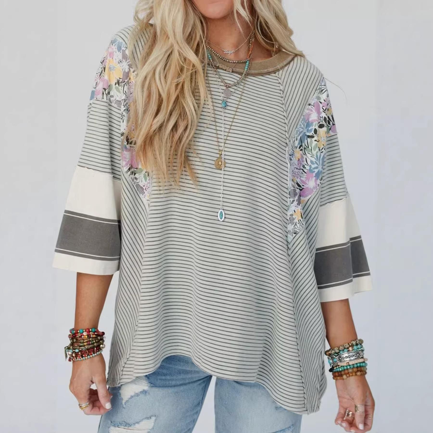 

Fall New Style Women s Multi-color Printed Top - Casual and Loose Fit, Three-quarter Length Sleeves T-shirt 5XL ціан
