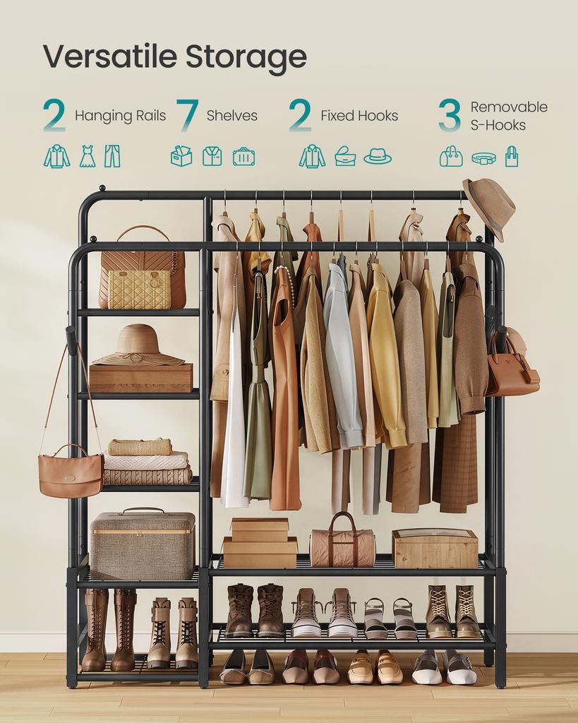 SONGMICS Clothes Rail, Heavy Duty Clothes Rack with 7 Storage Shelves, Double Hanging Rods, Metal Coat Rack, Open Wardrobe for Bedroom, Living Room