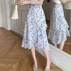 Women High Waist Floral Midi Skirt Chiffon Irregular Ruffle Hem Mermaid Skirt Plus Size Summer Casual Flared Skirt Source Factory Supply