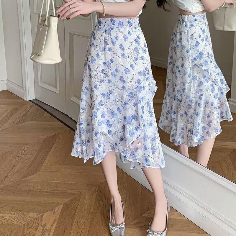 Women High Waist Floral Midi Skirt Chiffon Irregular Ruffle Hem Mermaid Skirt Plus Size Summer Casual Flared Skirt Source Factory Supply