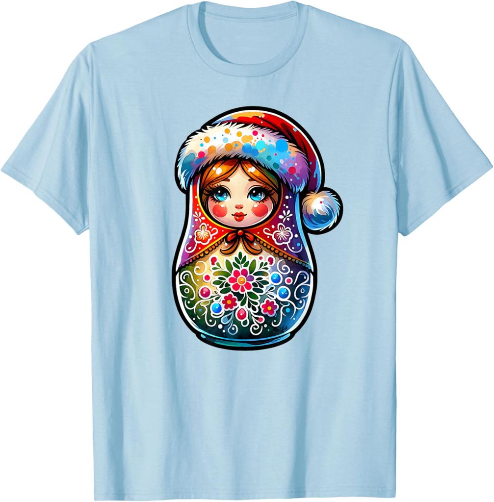 Christmas Matryoshka Doll Graphic Tee Breathable Short Sleeve Casual Round Neck T-Shirt