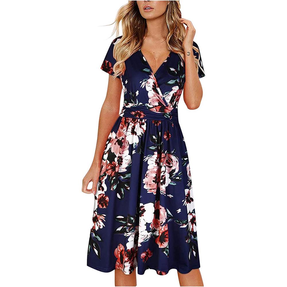 

2023 Summer Women s Retro Print V-Neck Wrap Dress Large цветочные печати