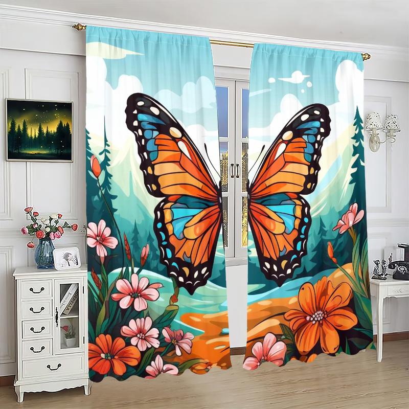 2PCS- Cartoon Butterfly - Printed curtain, 100% polyester material, suitable for bedroom curtains and living room decoration.