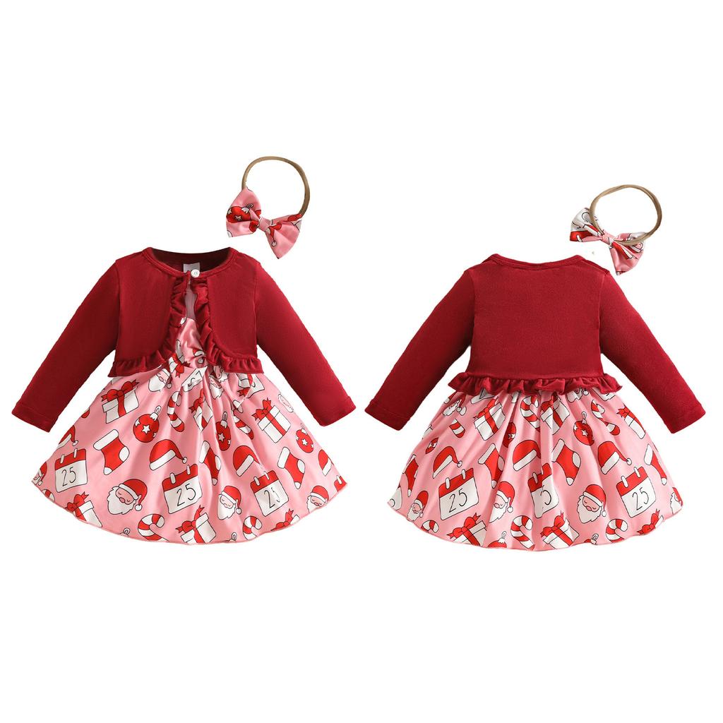 Toddler Girl Christmas Party Dress Set 3-Piece Velvet Cardigan with Headband for Holiday Photo Shoot Outfit