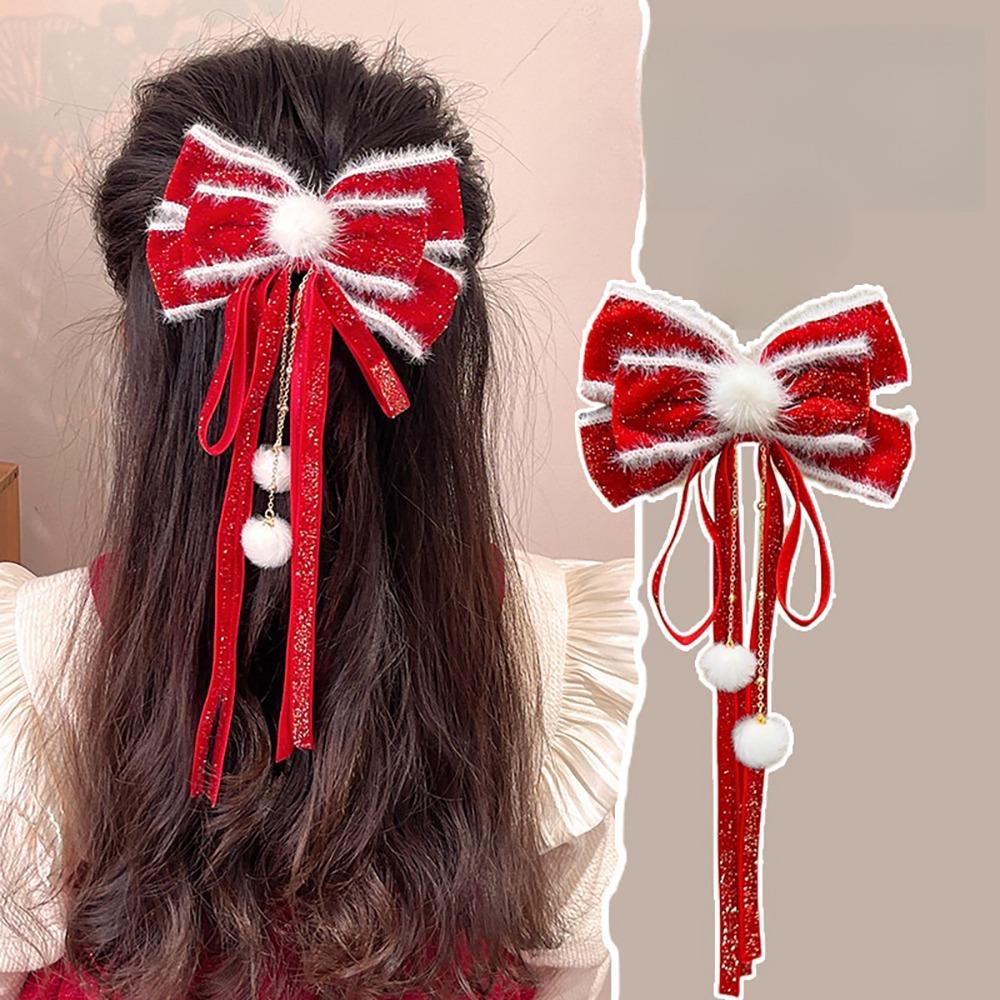 Headwear Red Bow Hair Clips Jewelry Tassels Pearl Barrettes Ribbon Hairpin  Hair Styling Accessory