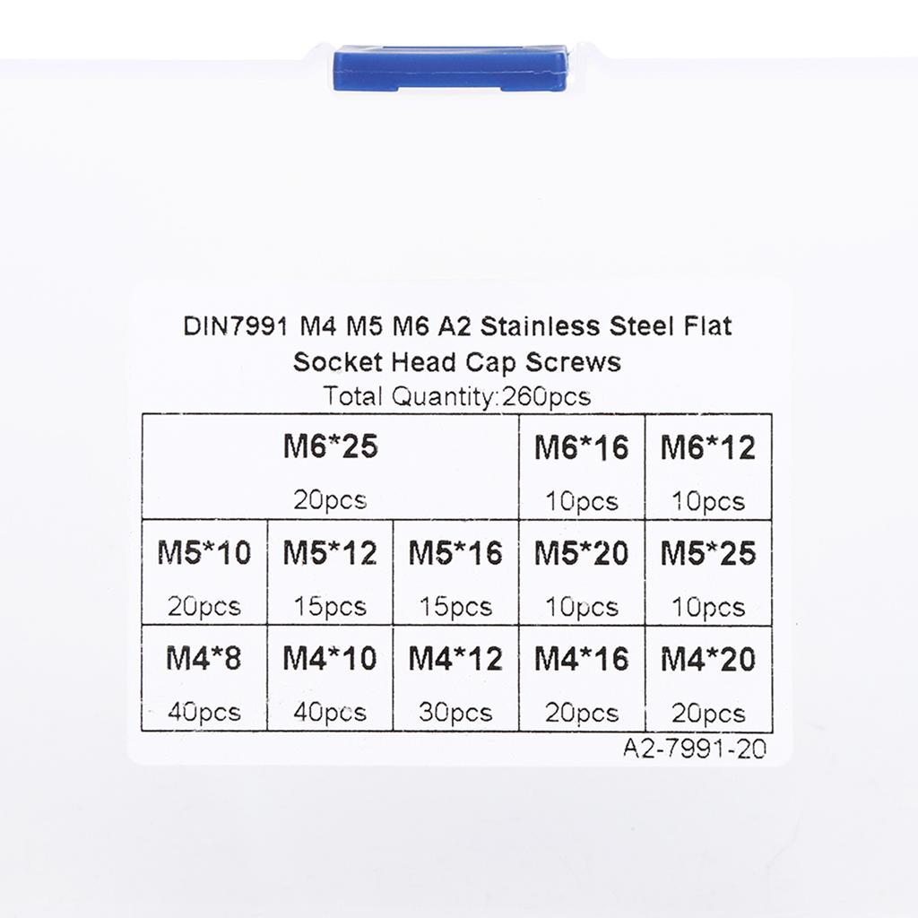 260Pcs Flat Screw Set M4/M5/M6 Hex Socket Screw Stainless Steel 304 for Electronics Industry Countersunk Screw